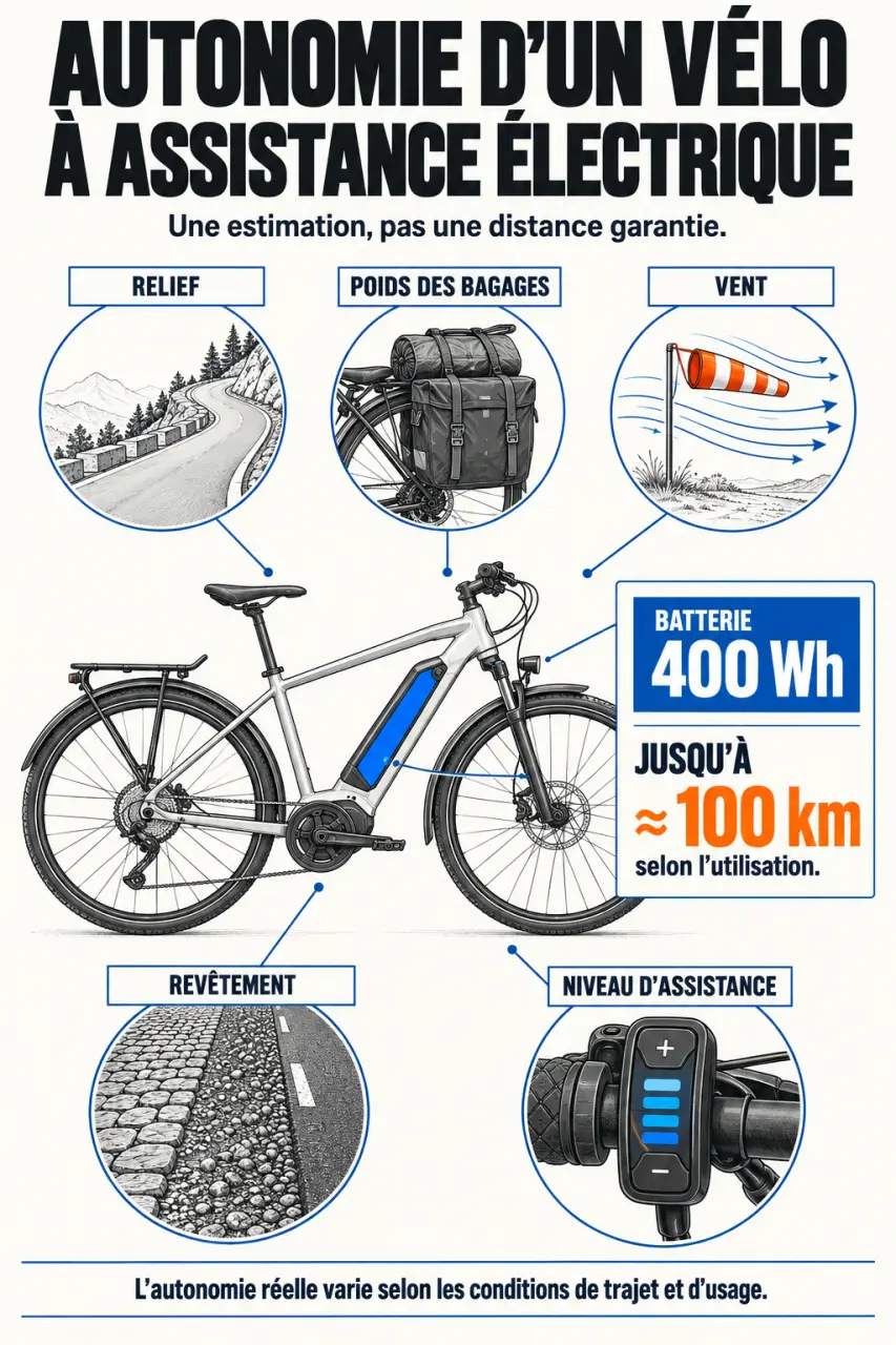 Infographie sur l’autonomie d’un vélo électrique pendant un voyage à vélo électrique