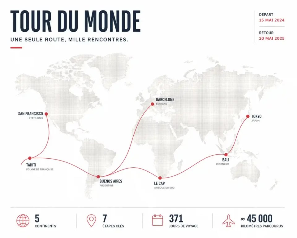 Carte d'itinéraire tour du monde reliant plusieurs continents