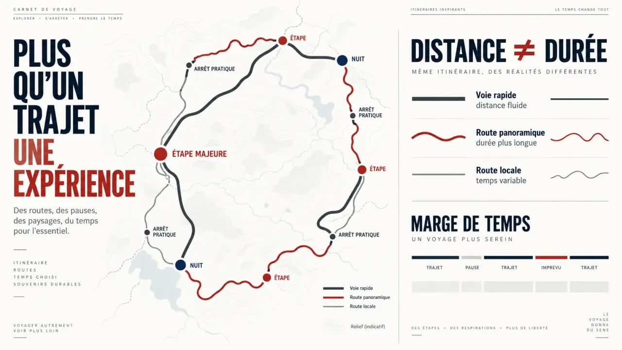 Carte road trip avec itinéraire en boucle, étapes prioritaires et temps de trajet