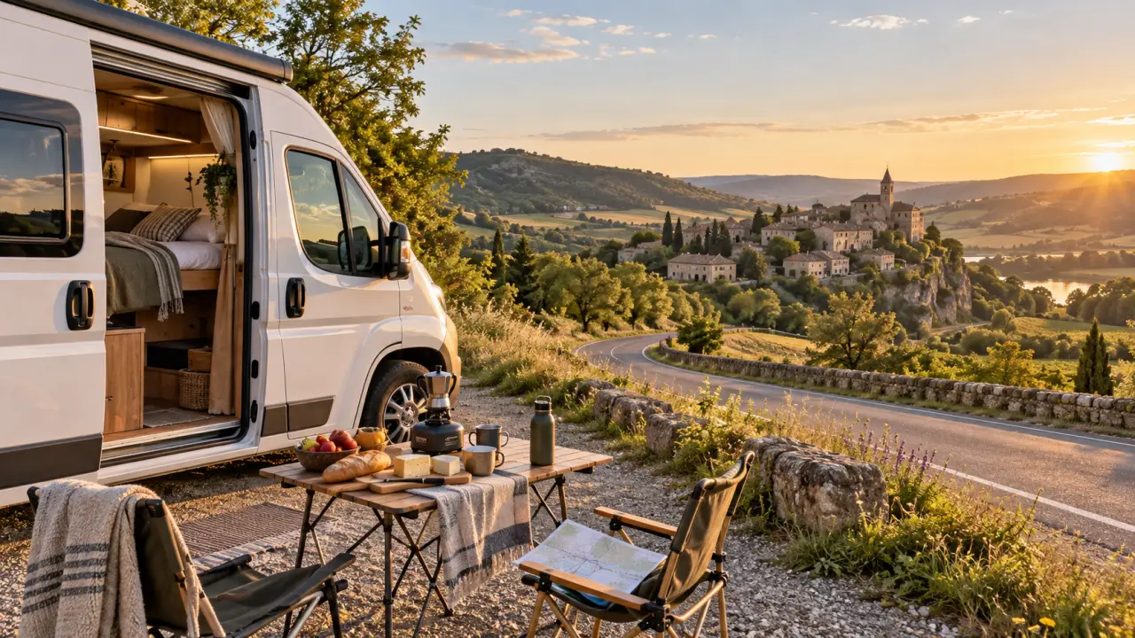 Van aménagé prêt à partir sur une route française