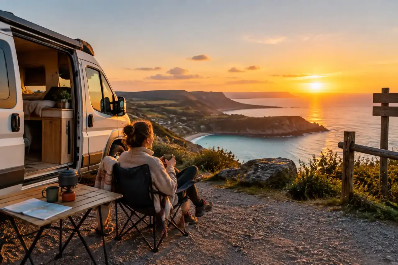 Van aménagé garé face à un paysage de montagne sauvage au coucher du soleil