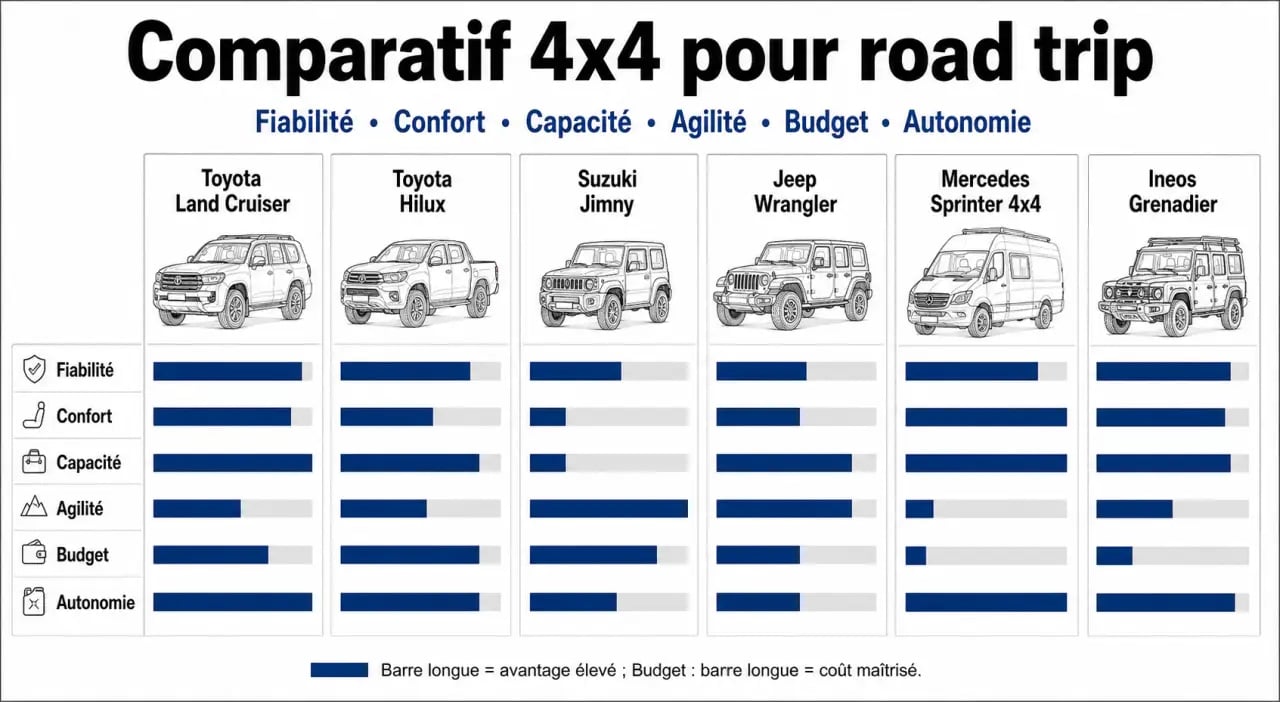 4x4 road trip : comparatif éditorial des véhicules selon fiabilité, confort, capacité, agilité, budget et autonomie