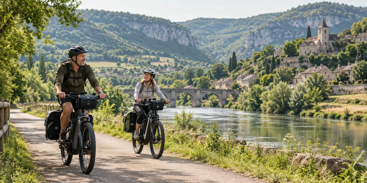 Voyage à vélo électrique sur une voie verte avec des sacoches et un paysage de vallée