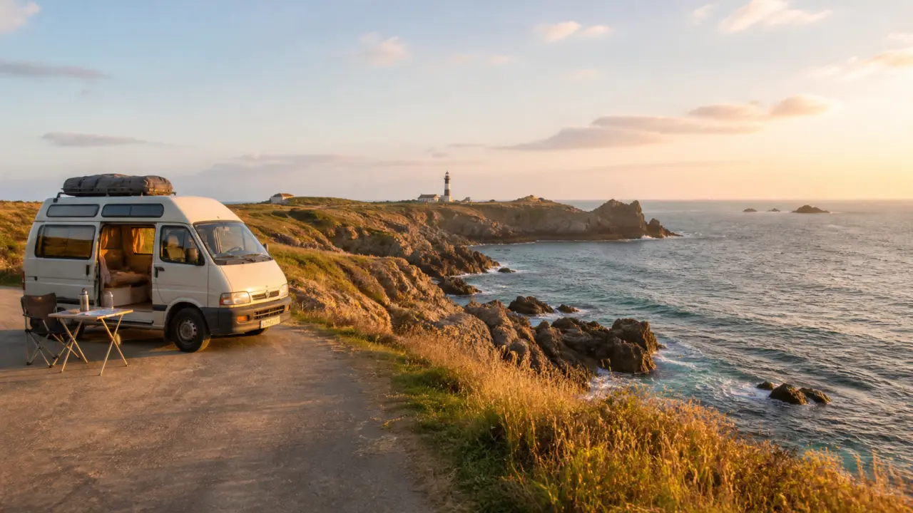 Van aménagé face à un panorama breton au coucher du soleil
