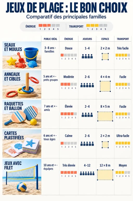 Infographie comparative des familles de jeux de plage selon les joueurs, l’espace et la praticité