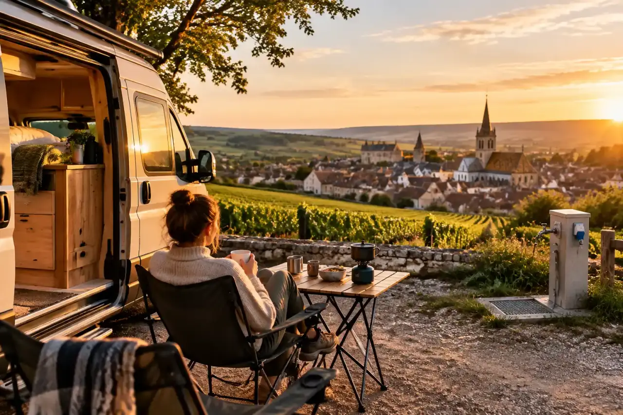 Van aménagé stationné dans les environs de Beaune, au cœur des paysages bourguignons