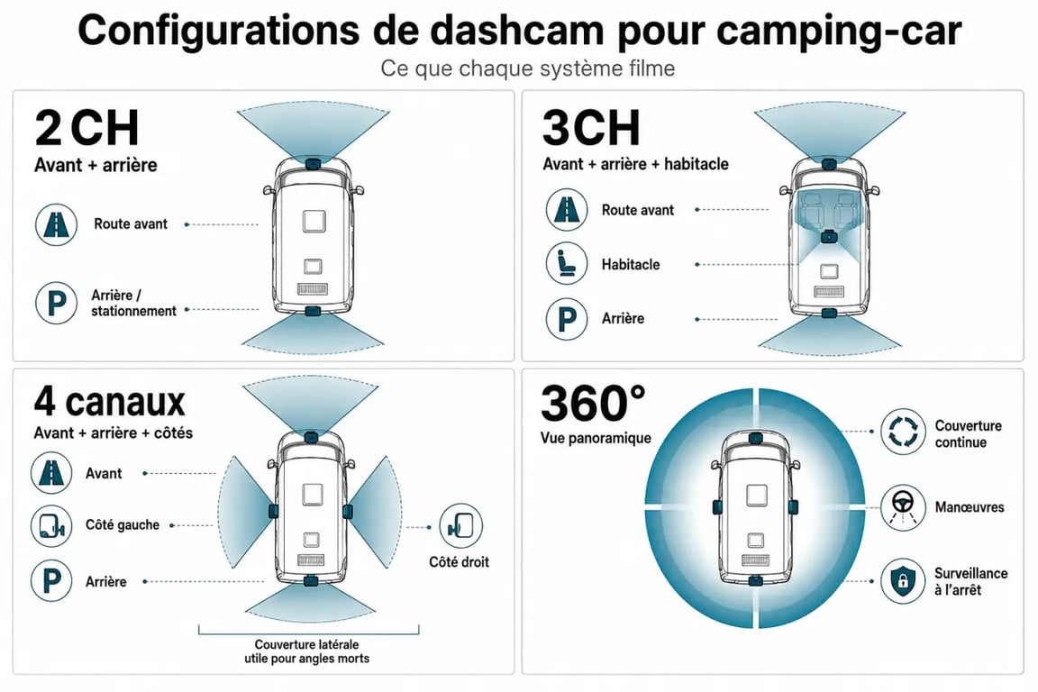 Comparatif des configurations de dashcam camping car 2CH, 3CH, 4 canaux et 360°