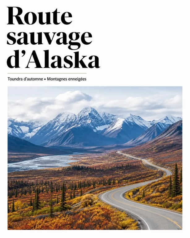 Paysage spectaculaire d'un road trip en Alaska avec montagnes enneigées et toundra colorée
