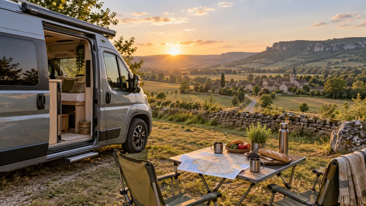 Van aménagé stationné dans un paysage français au coucher du soleil