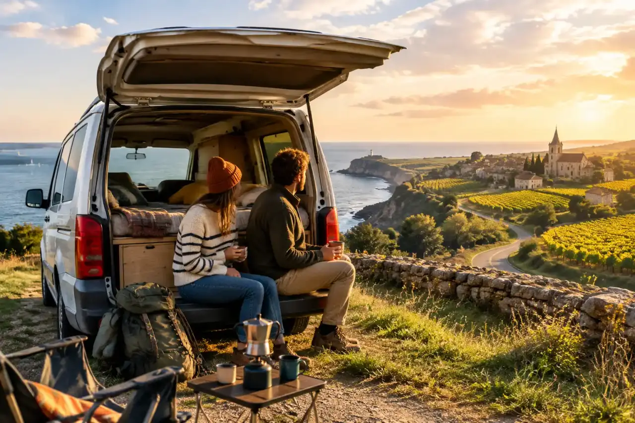 Van aménagé sur une route entre la Bretagne et la Bourgogne