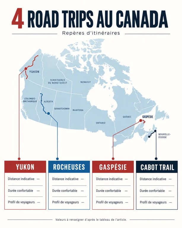 Infographie des itinéraires de road trip Canada par région, distance et durée