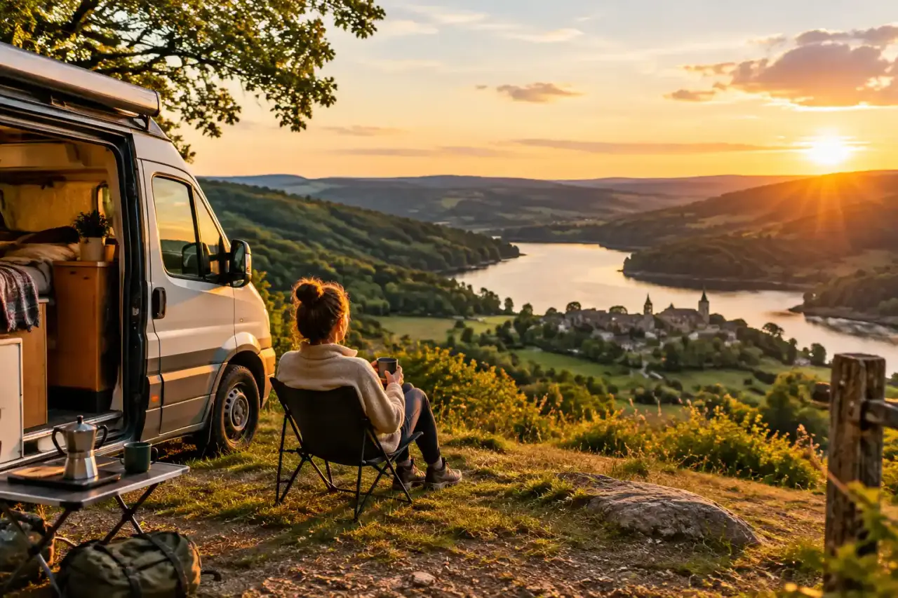 Van aménagé stationné face à un lac dans le parc naturel régional du Morvan