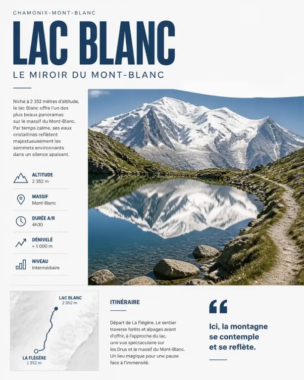 Reflet du massif du Mont-Blanc dans le Lac Blanc de Chamonix, point d'intérêt majeur pour un road trip dans les Alpes