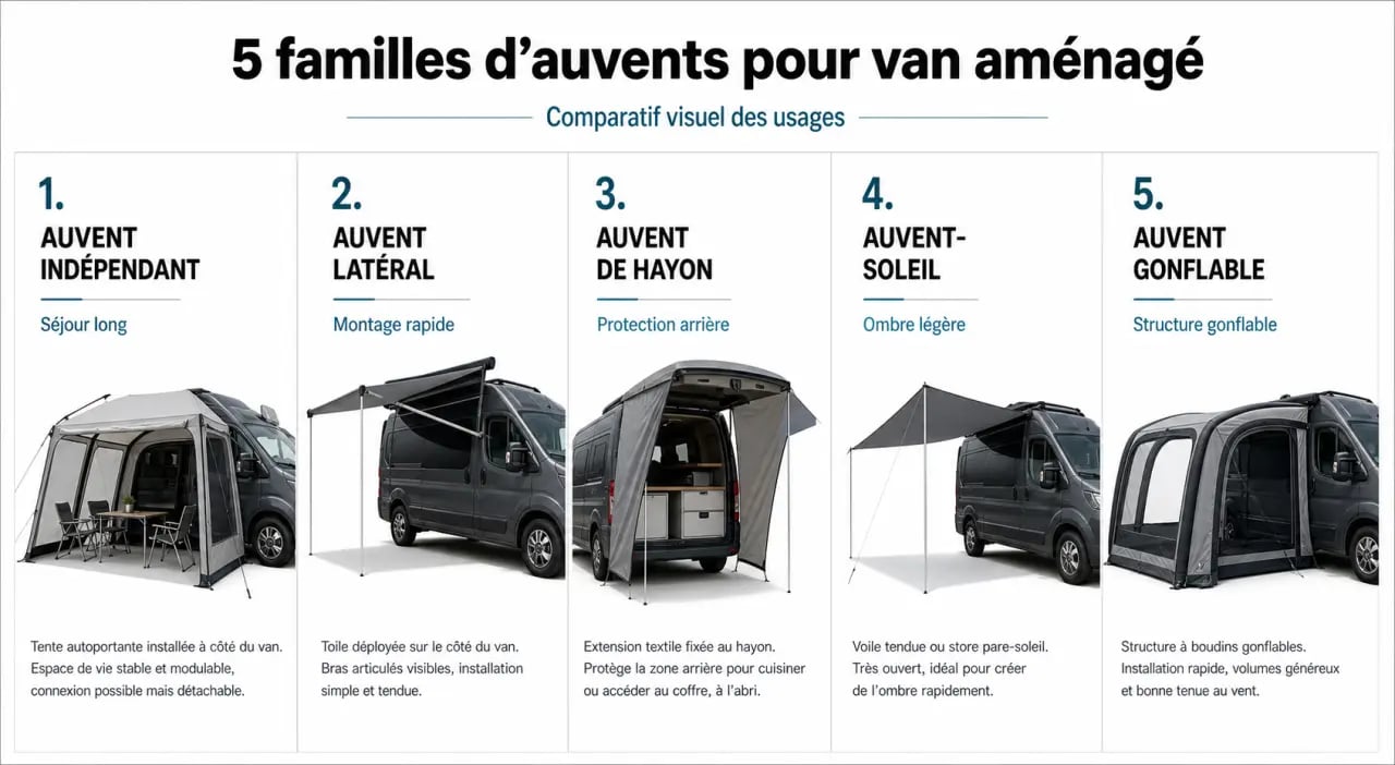 Comparatif des types d’auvent van aménagé pour choisir selon l’usage et le montage