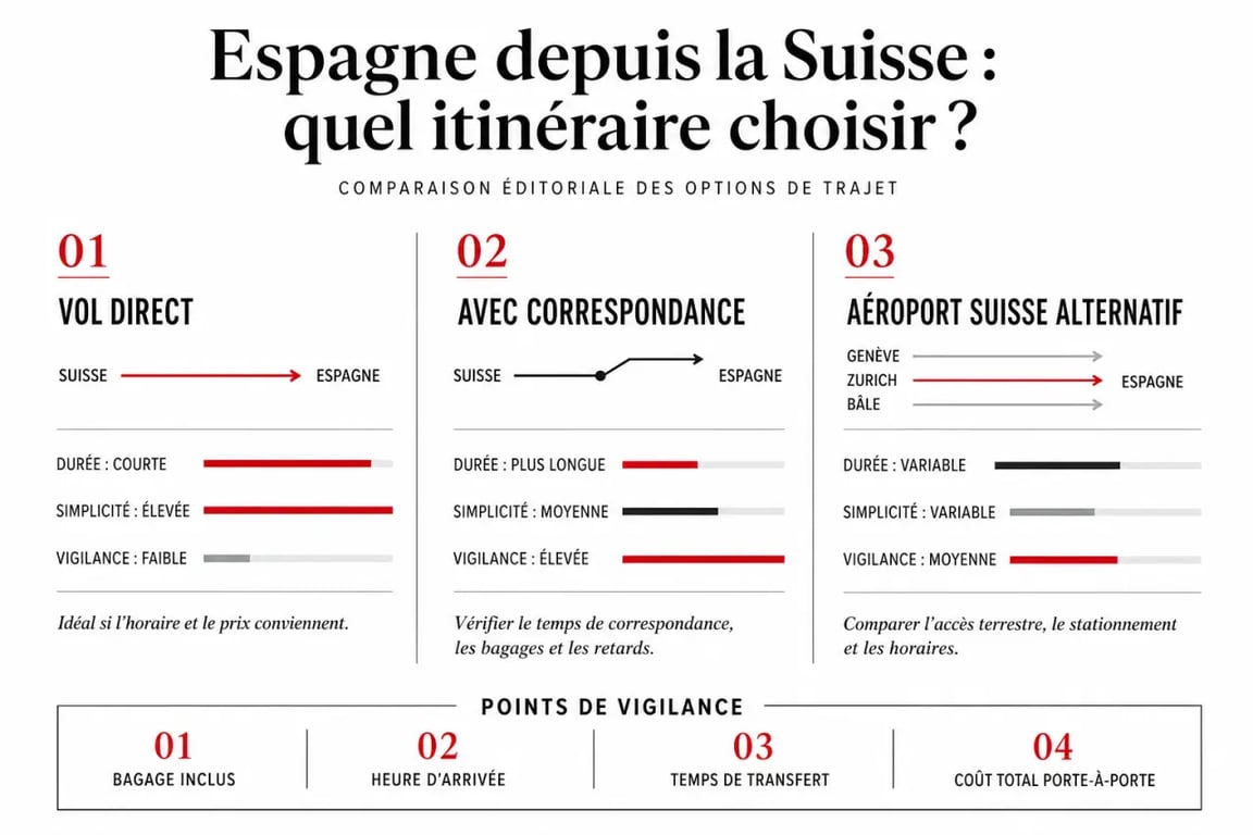 Voyage en Espagne depuis la Suisse : comparaison visuelle des options de vol direct, correspondance et aéroport proche