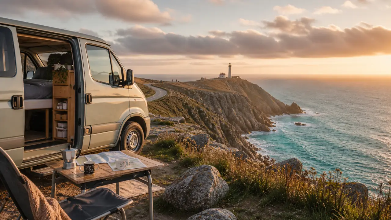 Van aménagé sur une route bretonne face à l'océan au coucher du soleil