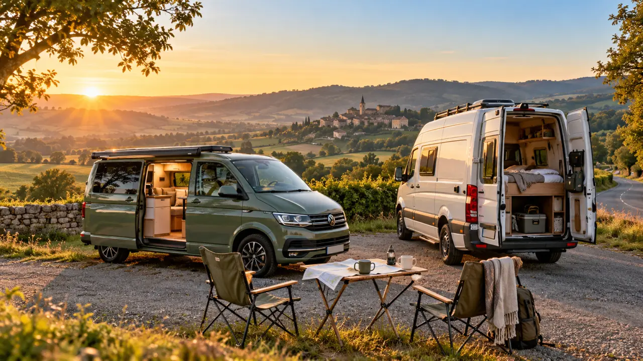 Van aménagé stationné face à un paysage français au coucher du soleil