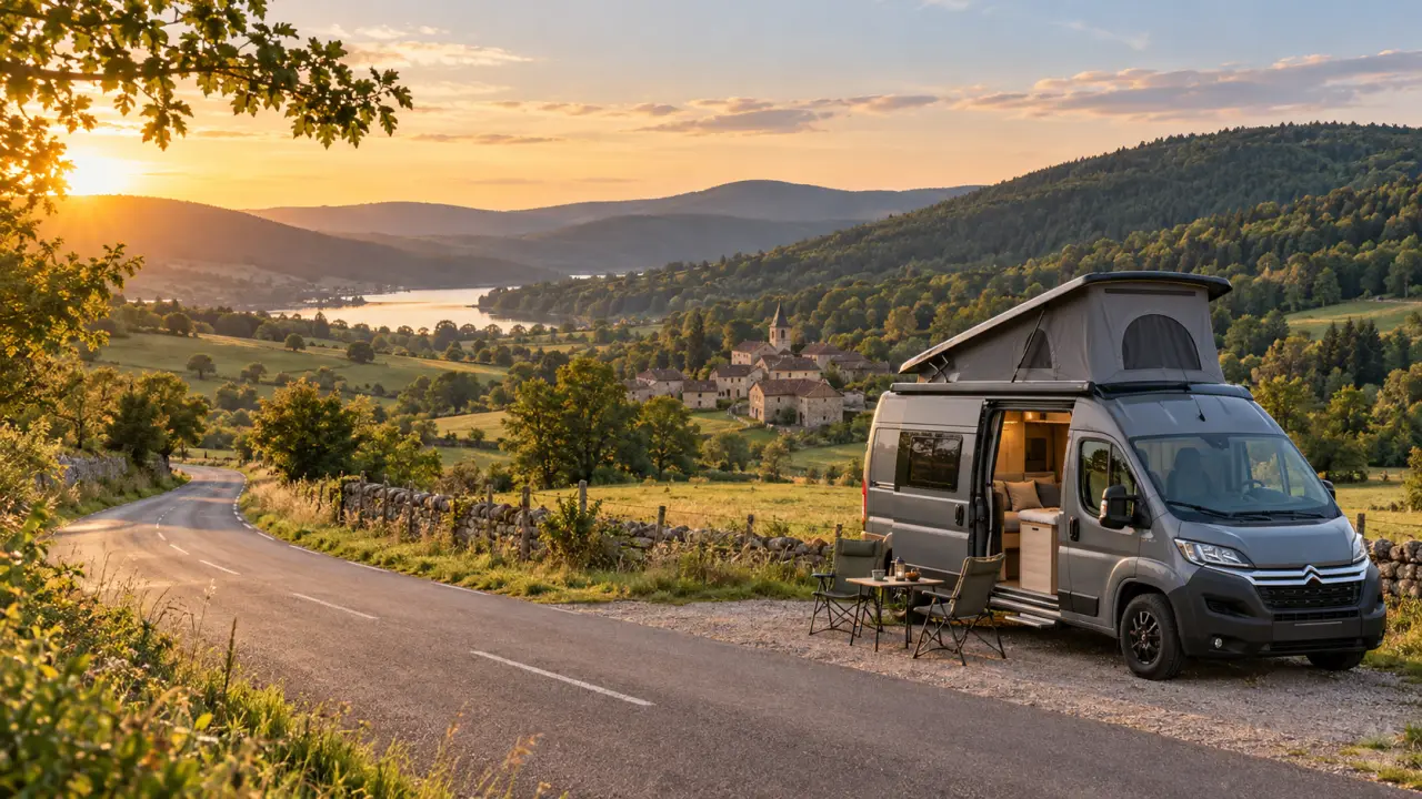Van aménagé sur une route forestière entre Dijon et le Morvan