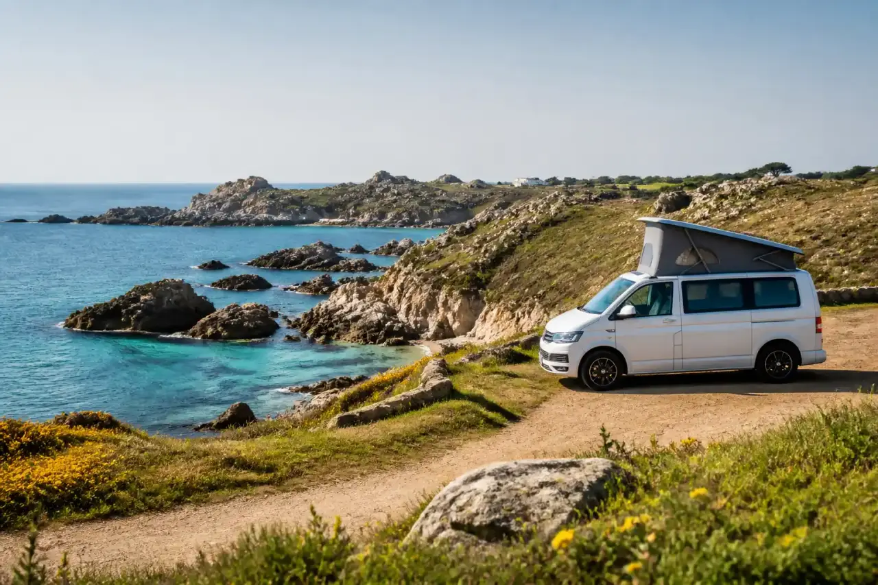 Van aménagé en Bretagne au printemps, face aux falaises et à l'océan