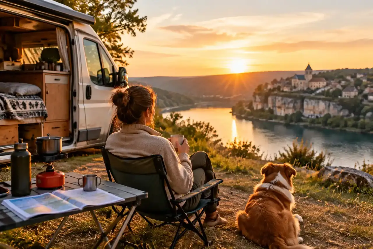 Van aménagé installé pour un premier bivouac dans un paysage français