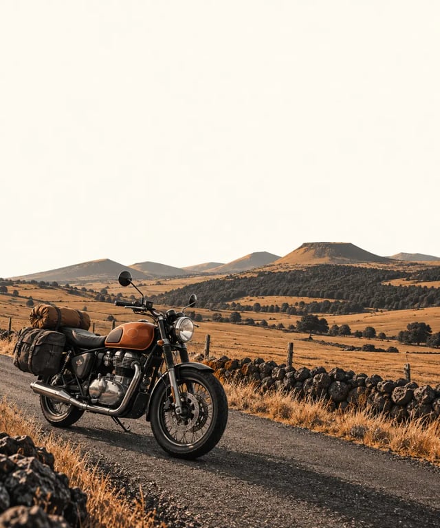 Royal Enfield road trip sur une route secondaire du Massif central