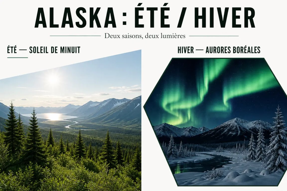Comparaison visuelle entre l'été lumineux et l'hiver aux aurores boréales pour un road trip en Alaska