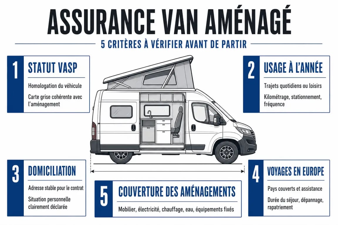 Assurance van aménagé : synthèse visuelle des critères VASP, usage à l’année, domiciliation et voyages