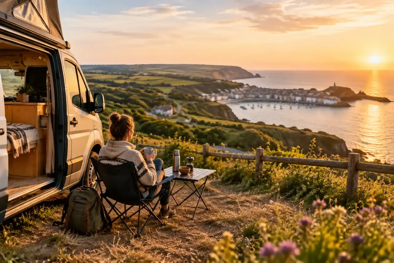 Van aménagé stationné dans un paysage français au coucher du soleil