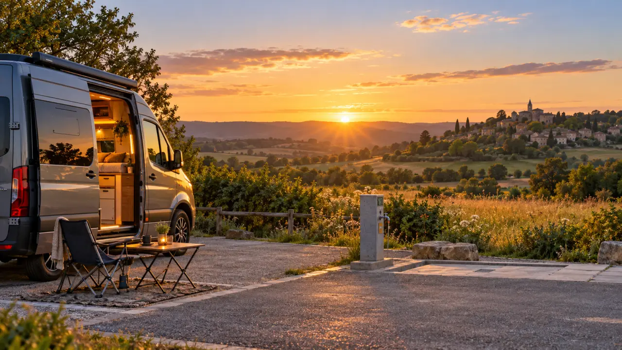 Van aménagé installé pour la nuit entre une aire de stationnement et un paysage naturel