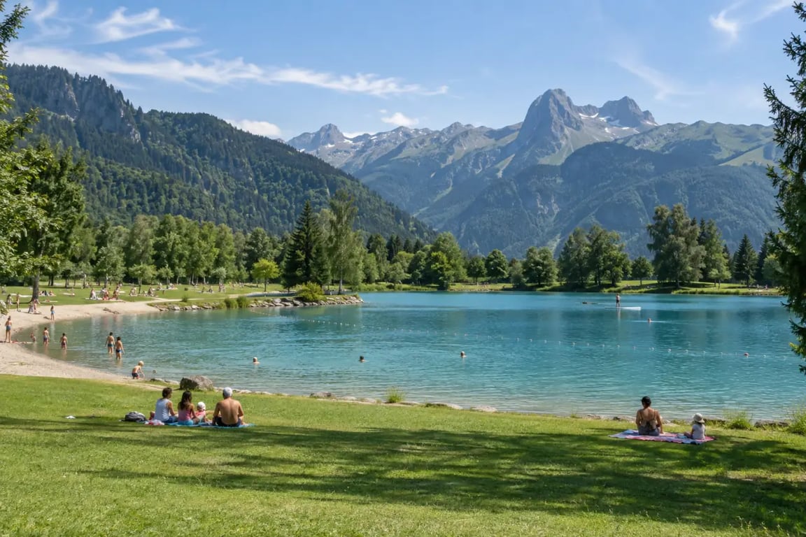 Base de loisirs du Lac Bleu à Morillon avec plage et espaces verts