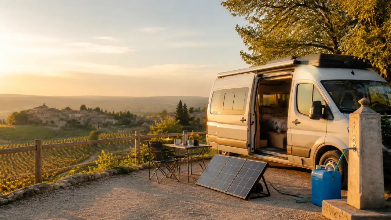 Van aménagé au coucher du soleil face aux Alpes françaises
