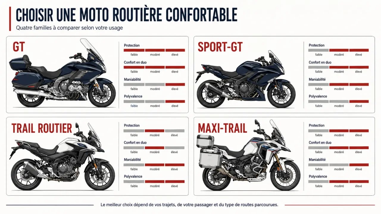 Infographie comparative pour choisir une moto routière confortable selon la protection, le duo et la polyvalence