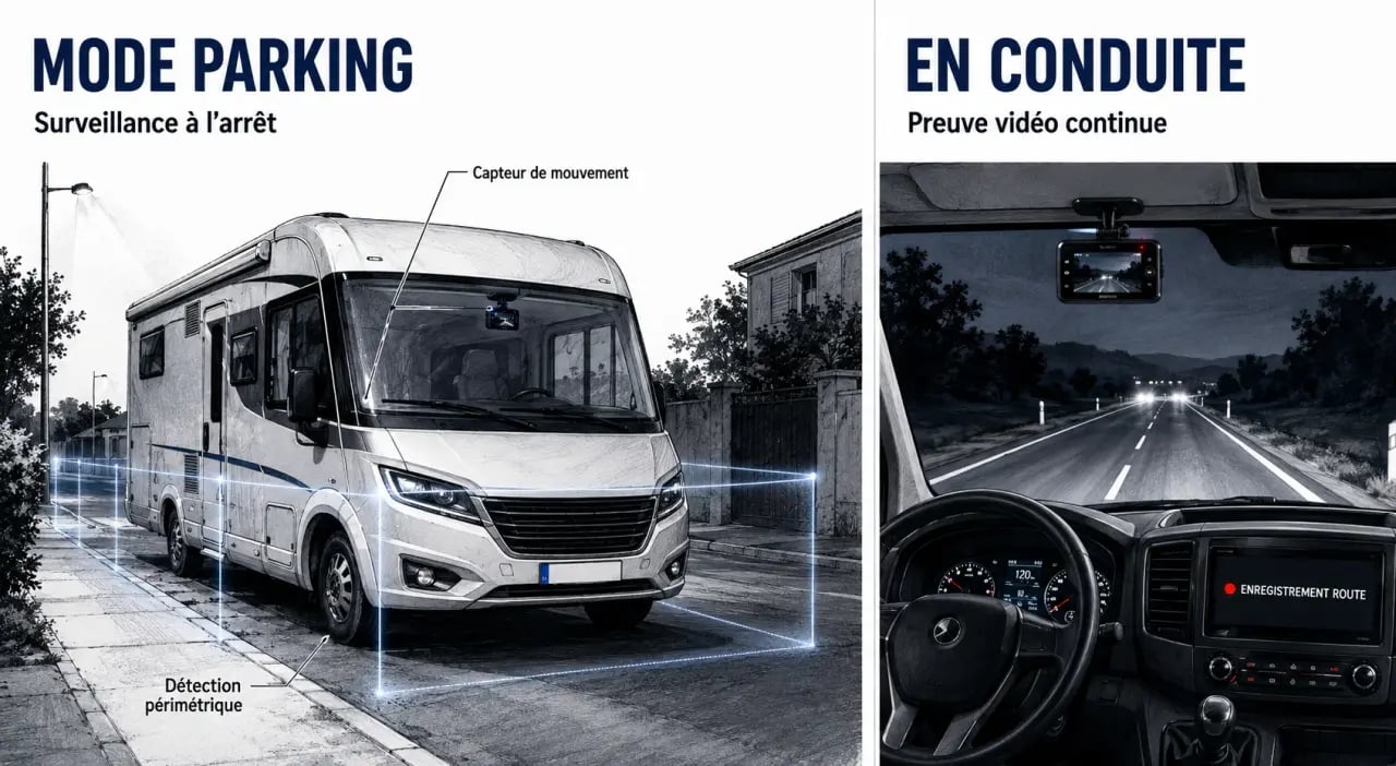 Mode parking d’une dashcam camping car en stationnement de nuit