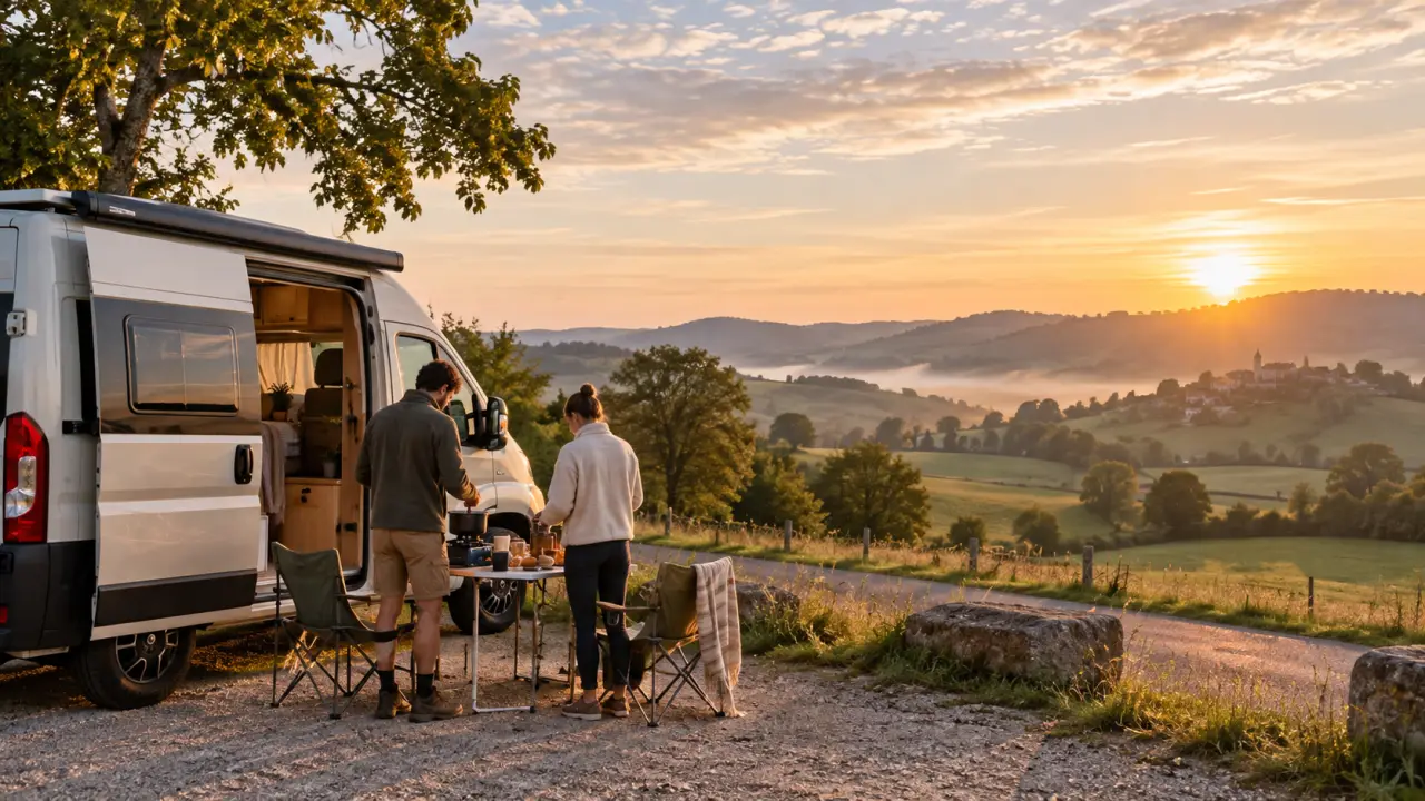 Van aménagé stationné dans un paysage naturel français au coucher du soleil