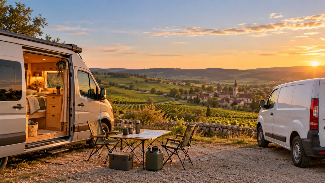 Van aménagé stationné face à un paysage français au coucher du soleil