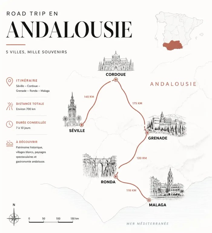 Itinéraire de road trip en Andalousie : carte des étapes clés.