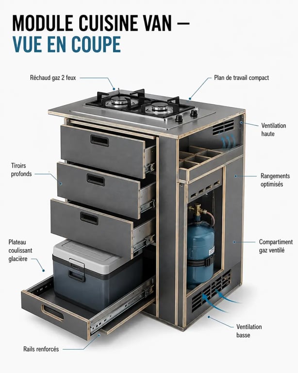 Cuisine van aménagé avec module à tiroirs et plateau coulissant pour glacière