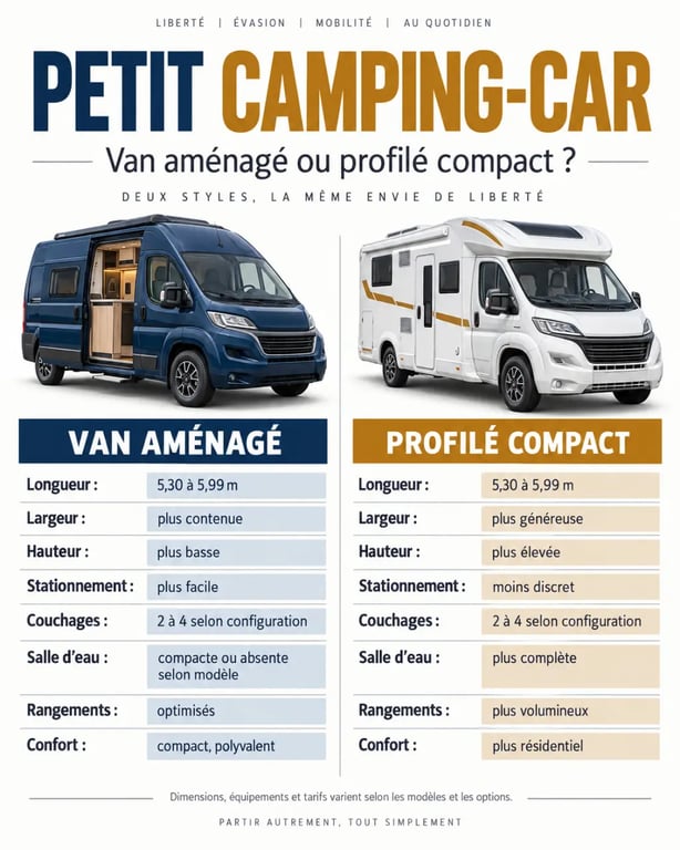 Infographie comparative sur le petit camping-car, ses dimensions, couchages et équipements