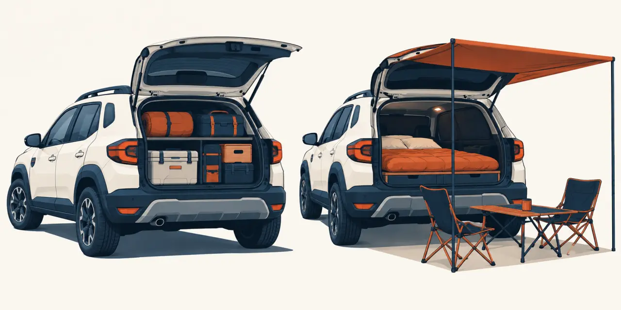 Camping Dacia en mode route et en mode nuit avec couchage et rangement organisés
