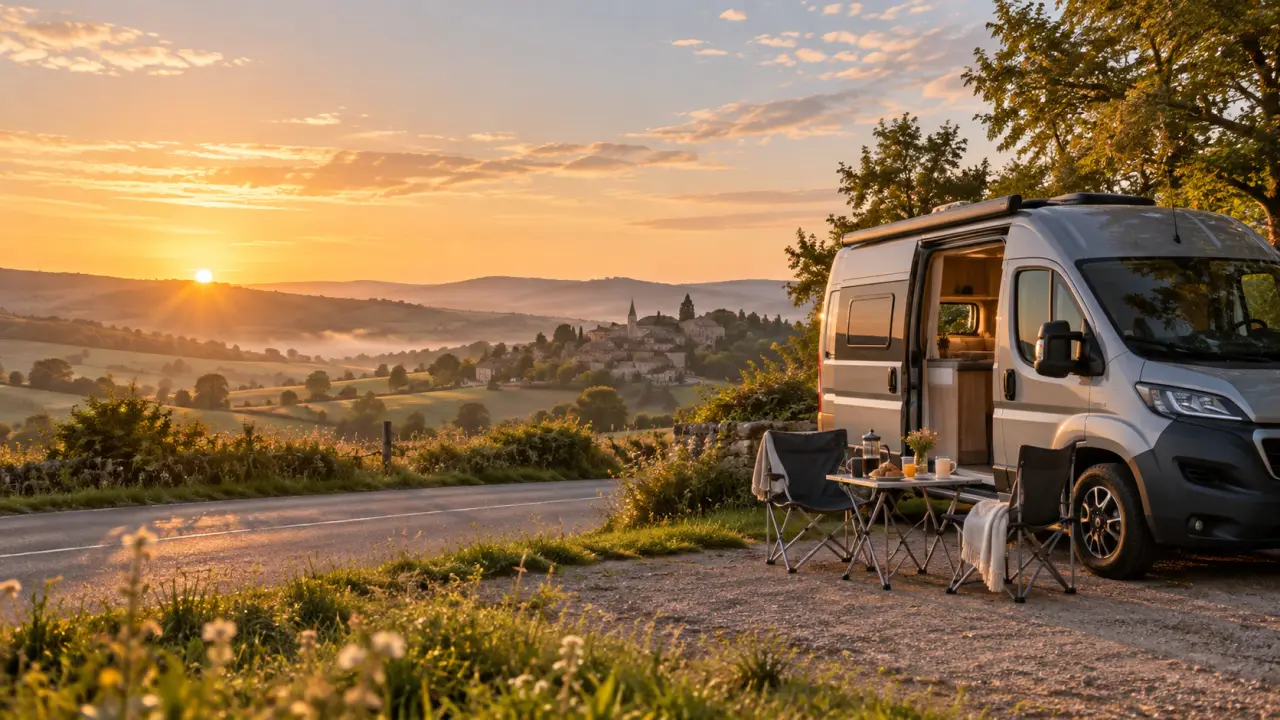 Van aménagé stationné dans un paysage naturel français au coucher du soleil
