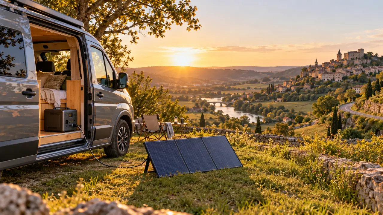 Van aménagé stationné dans un paysage français avec une batterie nomade et un panneau solaire