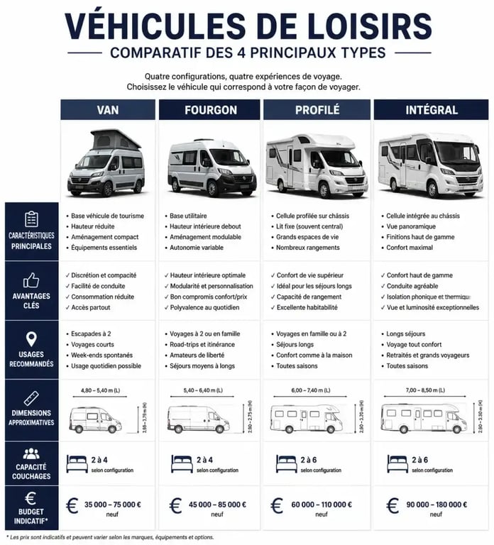 Comparatif des types de véhicules pour un voyage en camping-car : van, fourgon, profilé et intégral