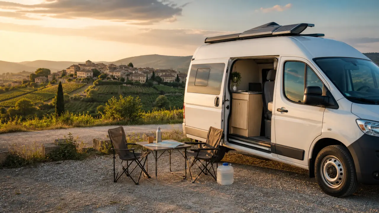 Van aménagé garé face à un panorama de montagne au coucher du soleil