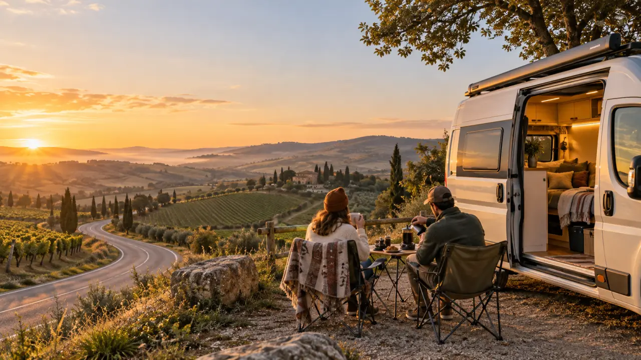 Van aménagé vintage face aux Alpes françaises au coucher du soleil