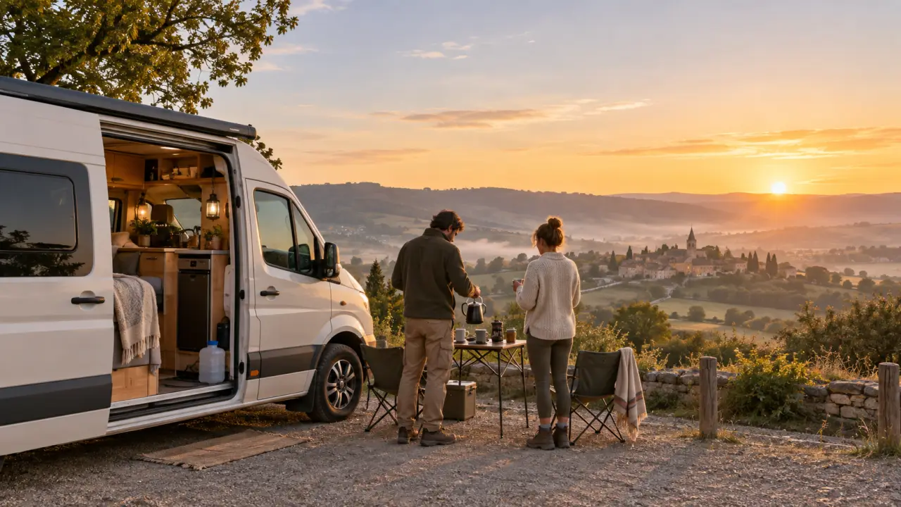 Van aménagé stationné dans un paysage naturel au coucher du soleil