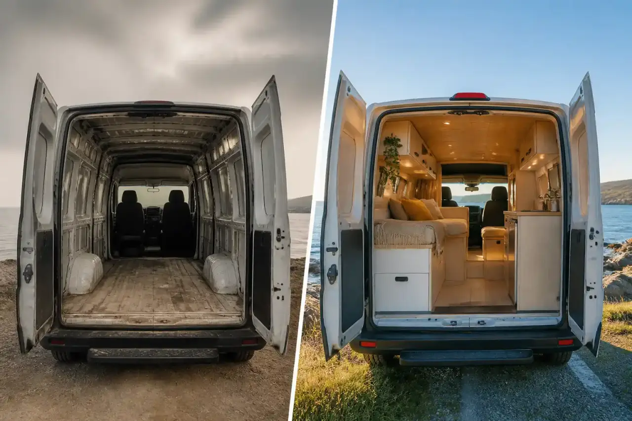 Van aménagé prêt à partir pour un road trip en Bretagne