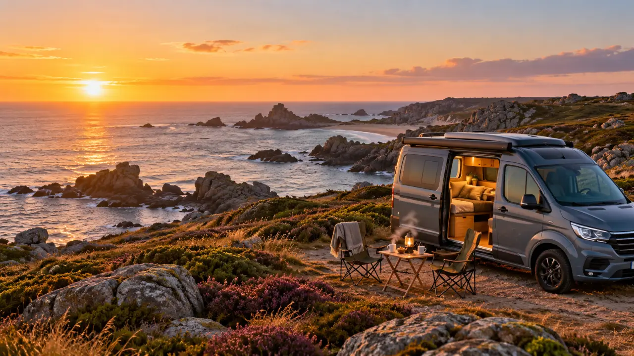 Van aménagé stationné face à la côte bretonne au coucher du soleil