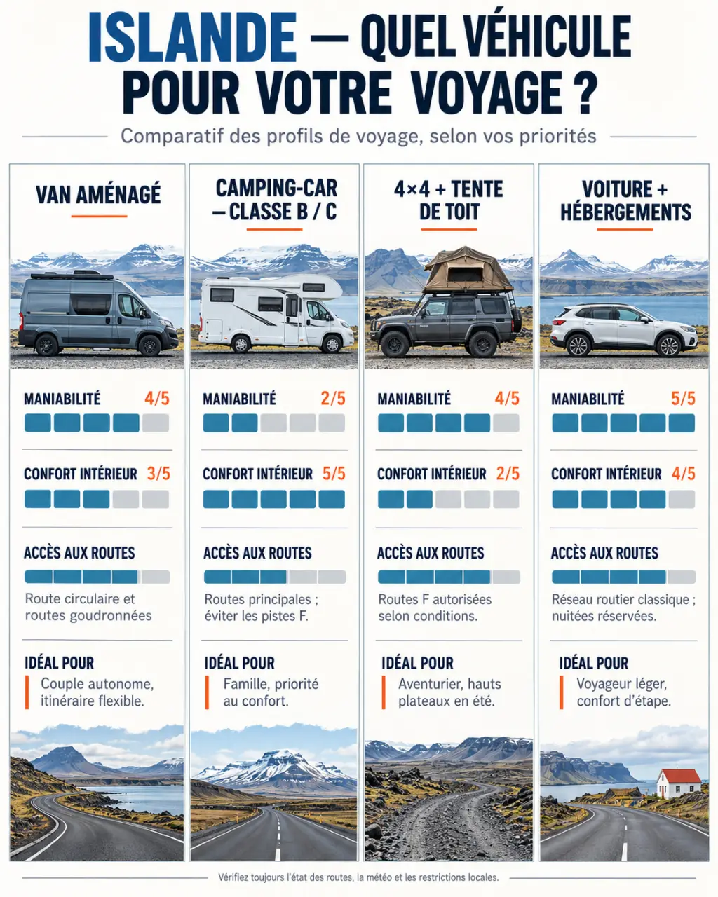 Comparatif visuel des camping-cars en Islande, vans, 4x4 et voitures avec hébergement