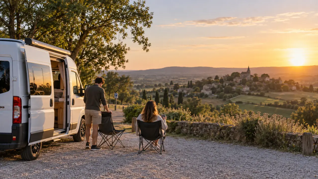 Van aménagé stationné dans un paysage naturel au coucher du soleil