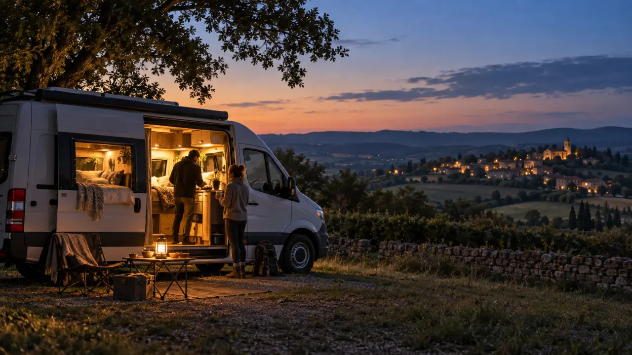 Van aménagé installé pour une première nuit au cœur d’un paysage français
